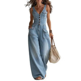 Combinaison en jean sans manches pour femme, col en V, pantalon large, tenue d'été pour les vacances avec poches
