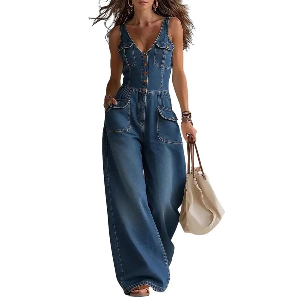 Combinaison en jean sans manches pour femme, col en V, pantalon large, tenue d'été pour les vacances avec poches